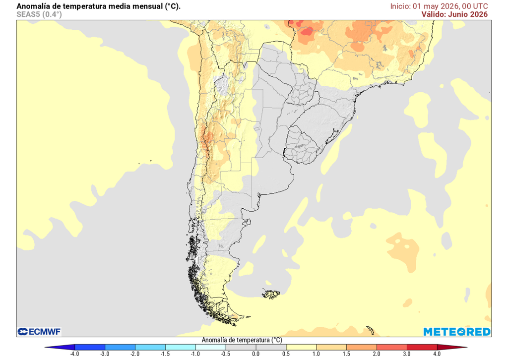 Pronóstico de Meteored y ECMWF para junio en Chile Anomalía de temperatura (°C) para junio 2026. Sobre los valores climatológicos normales (tonos rojo), bajo los valores climatológicos normales (tonos azul) y en torno a los valores climatológicos normales (color gris).