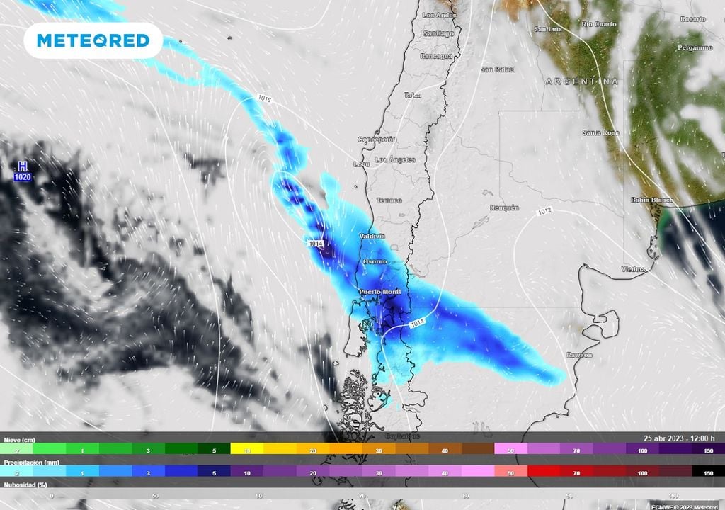 Nubes, presión, vientos y precipitación previstos; modelo ECMWF Nubes, presión, vientos y precipitación previstos; modelo ECMWF