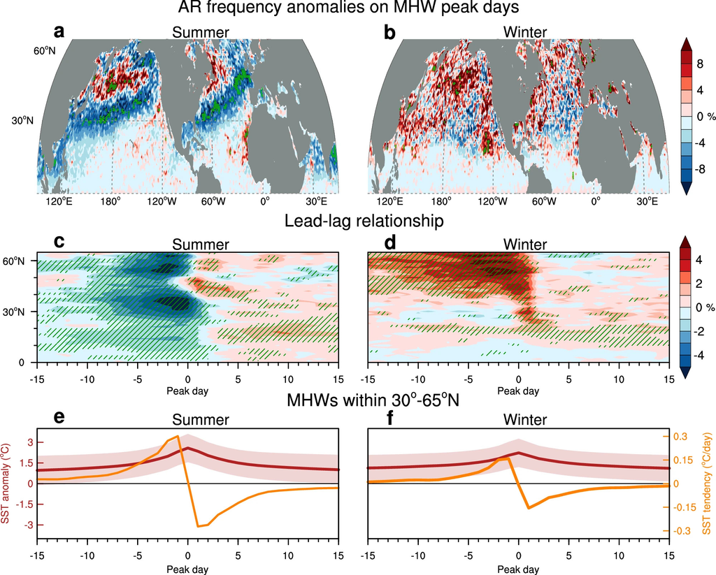 a, b Anomalías compuestas de la frecuencia diaria de AR (%) en los días pico de MHW durante el verano boreal (junio-agosto) e invierno (diciembre-febrero). c, d Anomalías compuestas de la frecuencia diaria media zonal de AR (%) desde 15 días antes (−15) hasta 15 días después (+15) de los días pico de MHW en verano e invierno. Las regiones sombreadas indican áreas donde las anomalías compuestas son estadísticamente significativas al nivel de confianza del 90%. e, f Compuesto de anomalías de la temperatura superficial del mar (TSM) (°C; línea roja) y la tendencia de las anomalías de TSM (°C/día; línea naranja) para todos los eventos MHW dentro de la banda 30°N–65°N, desde 15 días antes (−15) hasta 15 días después (+15) de los días pico de MHW en verano boreal e invierno. El sombreado rosa indica la dispersión (± 1 desviación estándar) entre los eventos MHW. El período de análisis abarca de 1982 a 2023 para todos los paneles. Fuente: Suqiong Hu et al, Nature Communications (2026). DOI: 10.1038/s41467-026-74249-9