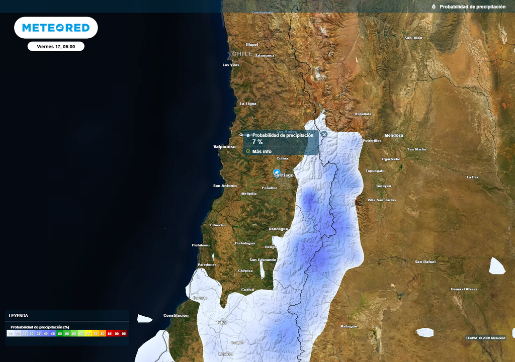 La probabilidad de que se registren precipitaciones en el centro norte de Chile será baja durante la madrugada del viernes 17 de abril.