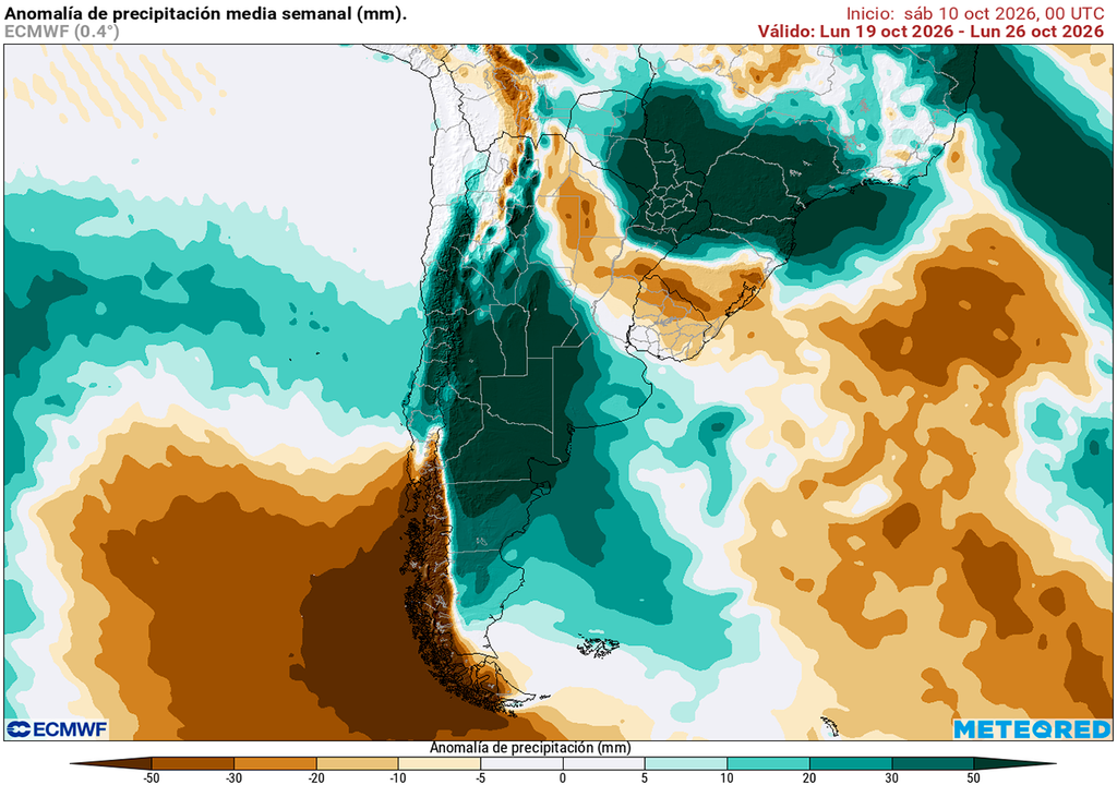 Pronóstico, Clima, Tiempo, Argentina Anomalía de precipitaciones para la semana del 19 al 26 de octubre según nuestro modelo de referencia el ECMWF