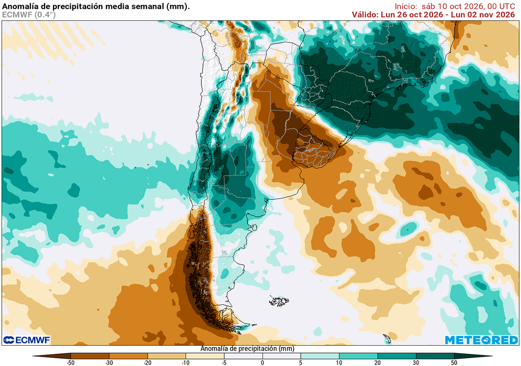 Pronóstico, Clima, Tiempo, Argentina Anomalía de precipitaciones para la semana del 26 de octubre al 2 de noviembre según nuestro modelo de referencia el ECMWF