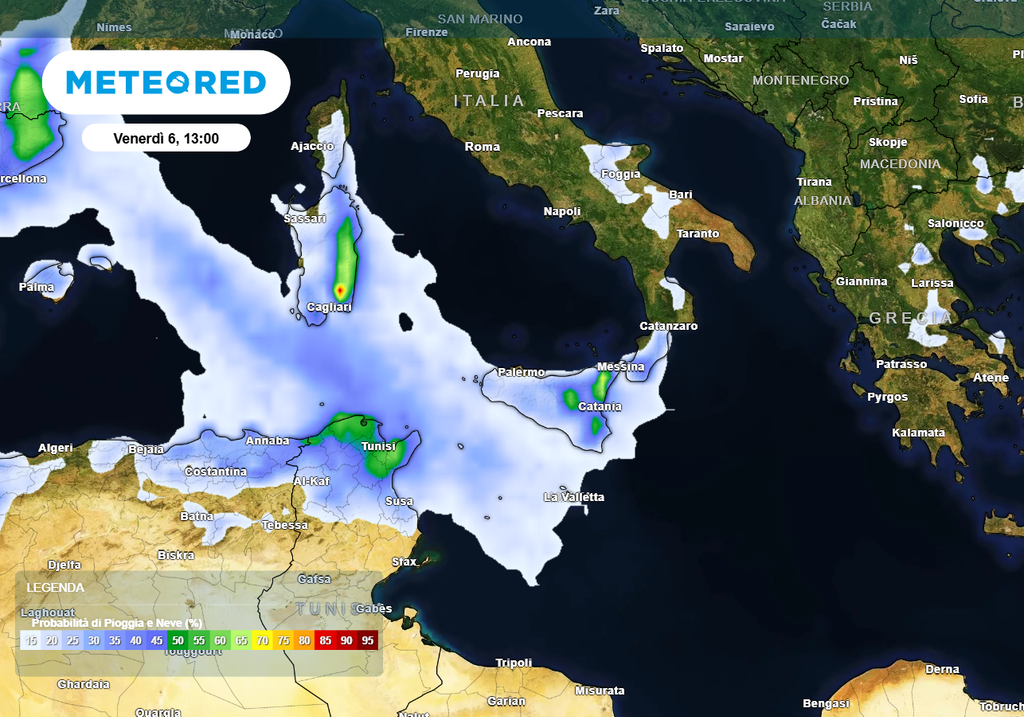 Nubi e precipitazioni previste per venerdì 6 marzo. Mentre l'Italia peninsulare godrà di un tempo prevalentemente soleggiato, un nuovo disturbo dal Mediterraneo Occidentale interesserà Sardegna e Sicilia.