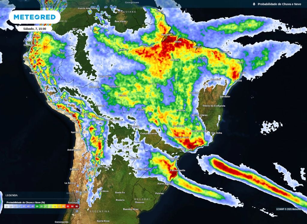 Probabilidade de chuva para a tarde de sábado (7), de acordo com o modelo ECMWF.