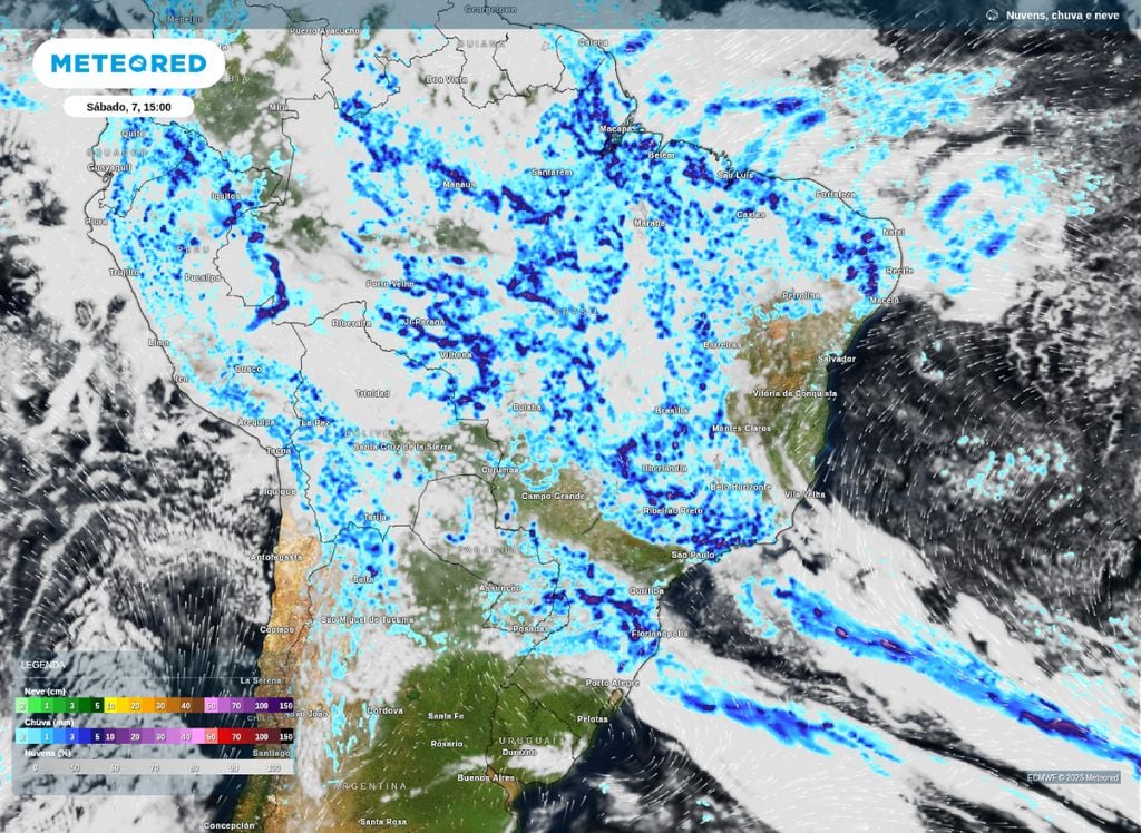 Precipitação prevista para a tarde desta sábado (7). segundo o modelo ECMWF.
