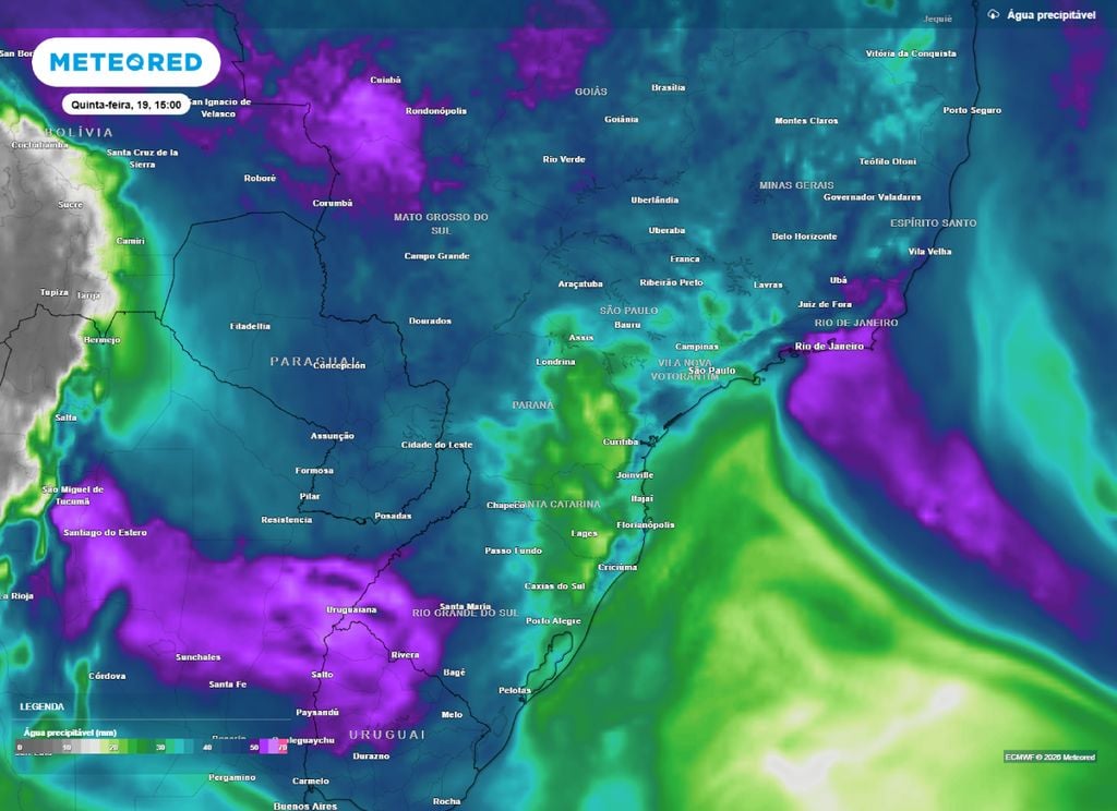 Previsão de água precipitável para o Sul e Sudeste do Brasil na tarde desta quinta-feira (19).