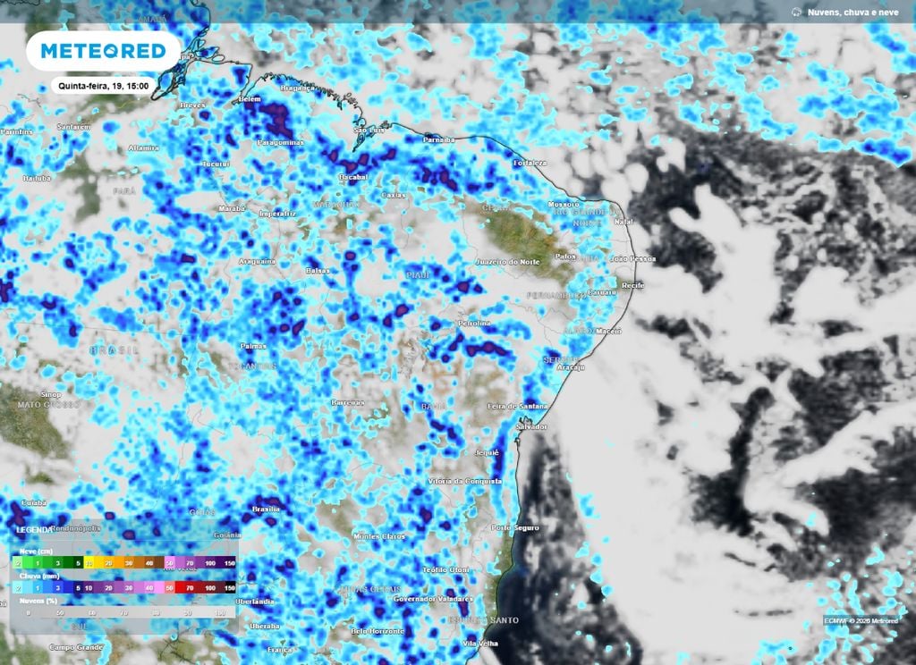 Previsão de chuva e nebulosidade para a tarde desta quinta-feira (19) sobre o Nordeste do Brasil.