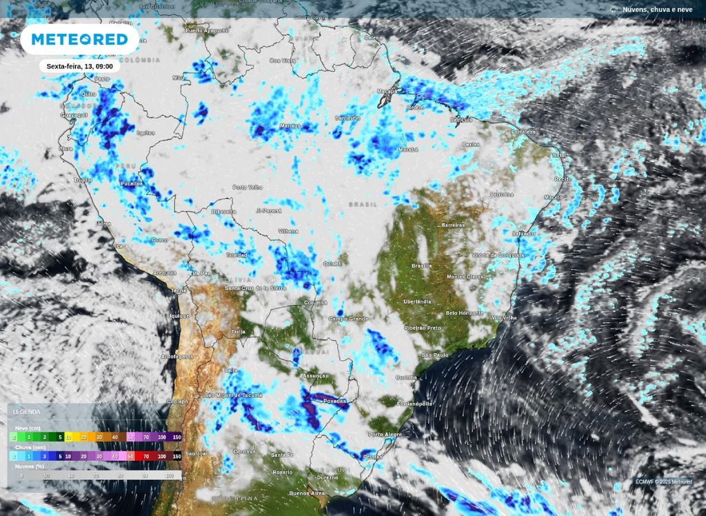 Previsão de chuva e nebulosidade para o Brasil na manhã desta sexta-feira (13).
