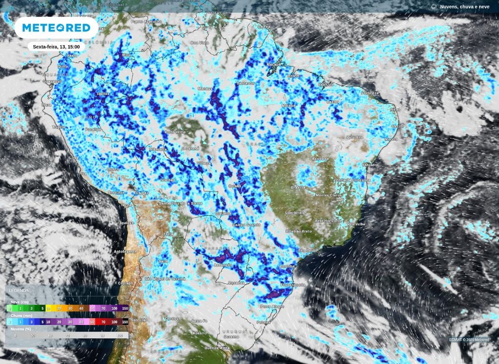 Previsão de chuva e nebulosidade para o Brasil na tarde desta sexta-feira (13).