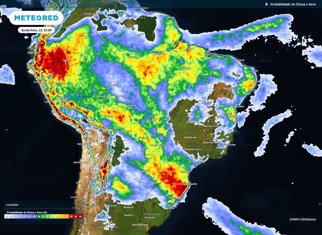 Probabilidade de chuva para o Brasil na tarde desta sexta-feira (13).
