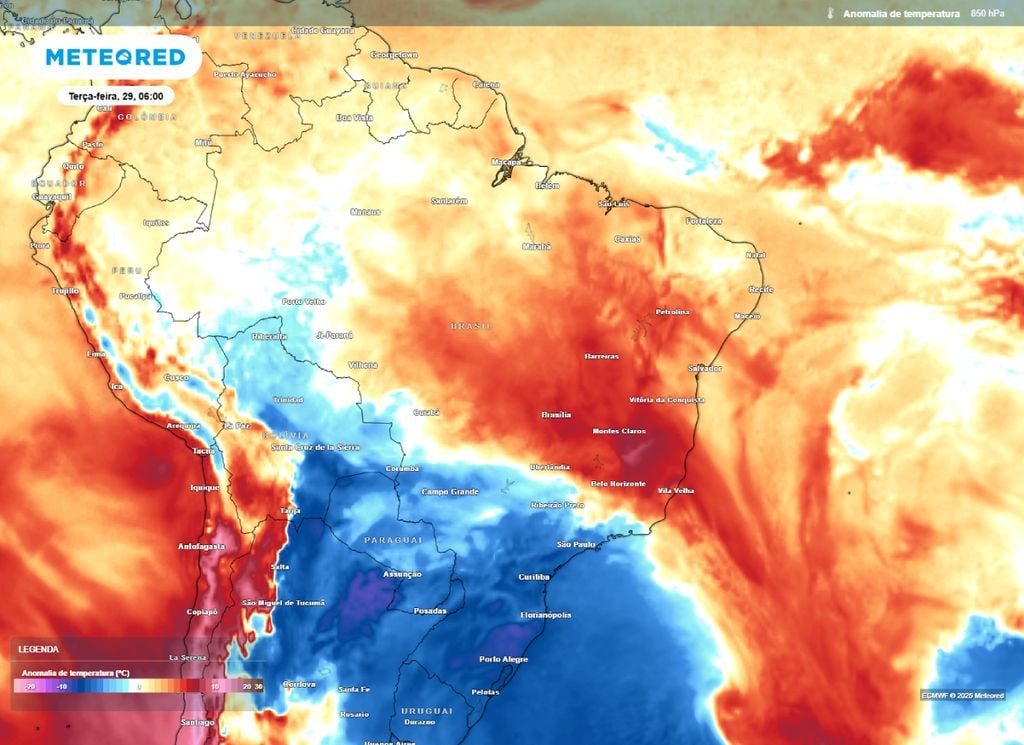 Mapa de anomalia de temperatura em 850 hPa.