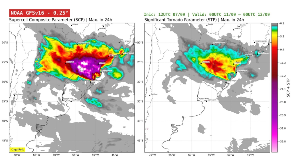 Previsão de supercélulas (esquerda) e de tornados (direita) para sexta-feira (11), segundo o modelo GFS. Créditos: Igor Antônio Roik. Previsão de supercélulas (esquerda) e de tornados (direita) para sexta-feira (11), segundo o modelo GFS. Créditos: Igor Antônio Roik.