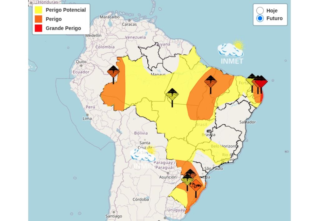 Mapa de alertas emitido pelo Instituto Nacional de Meteorologia (INMET).