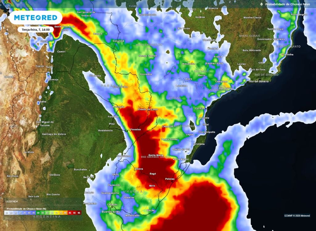 Probabilidade de chuva durante a tarde de terça-feira (7), segundo o modelo ECMWF.