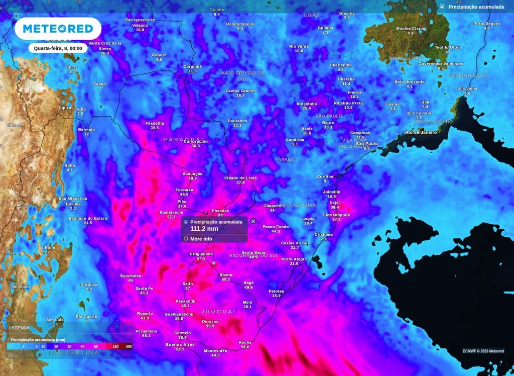 Precipitação acumulada até o final desta terça-feira (7). Áreas do extremo sul do Rio Grande do Sul, tem previsão de grandes acumulados.