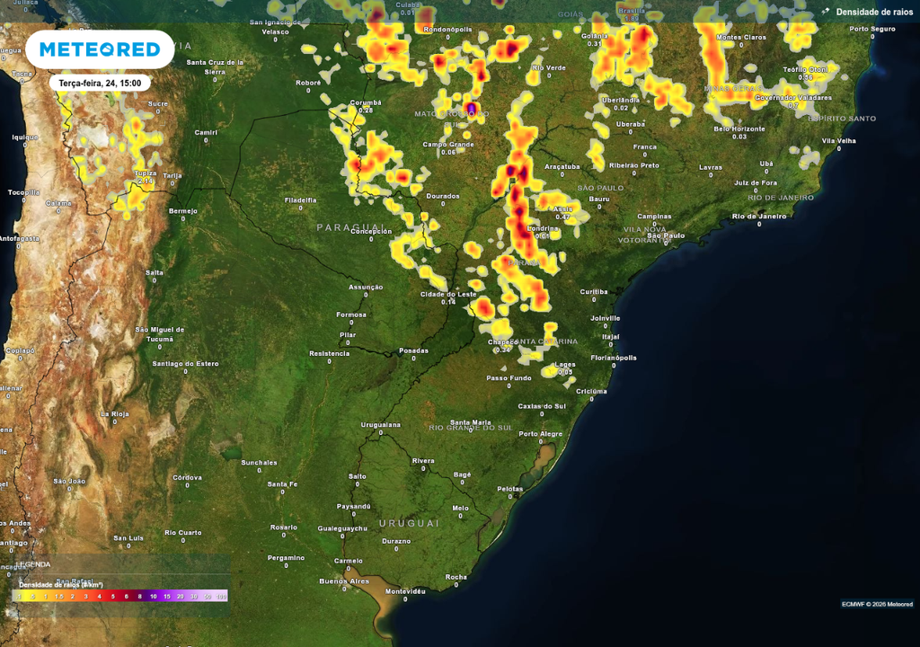 Previsão de tempestades nesta terça-feira (24), de acordo com o ECMWF.