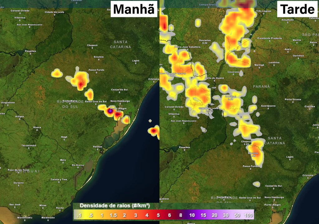 Previsão de tempestades na quarta-feira (25), de acordo com o ECMWF.