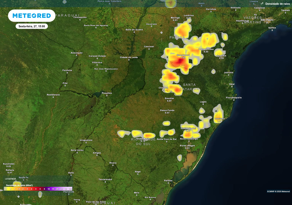 Previsão de tempestades sexta-feira (27), de acordo com o ECMWF.