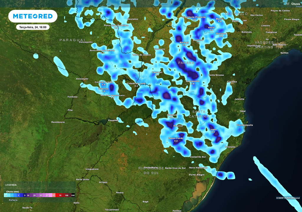 Previsão de chuva nesta terça-feira (24), de acordo com o ECMWF.