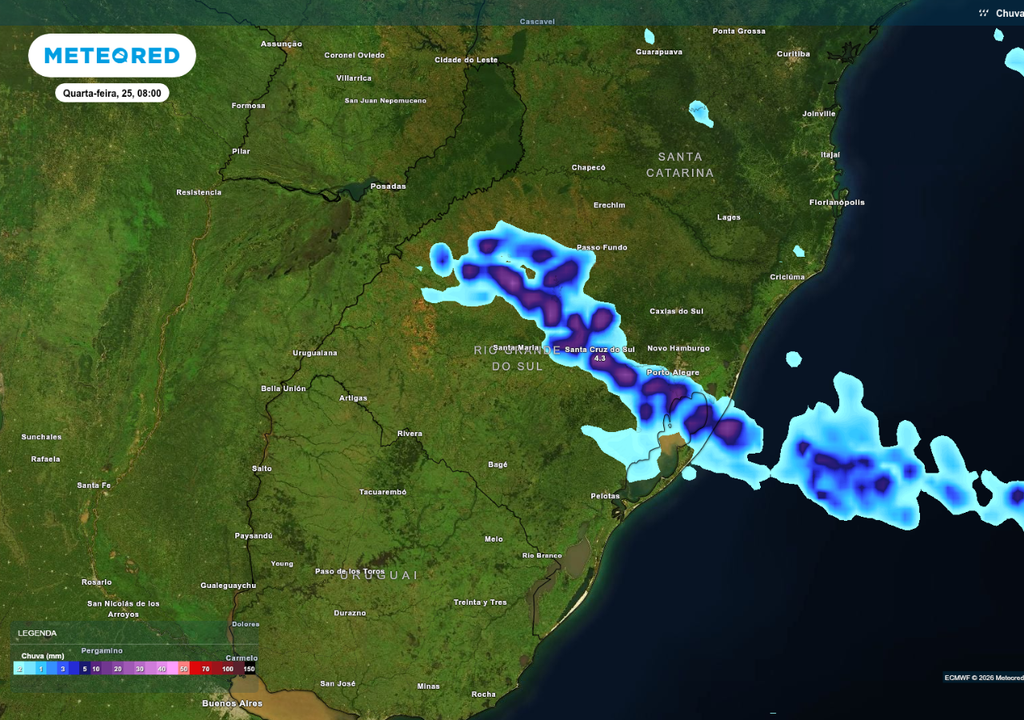 Previsão de chuva nesta quarta-feira (26), de acordo com o ECMWF.