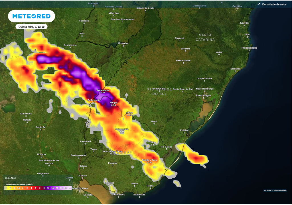 Previsão de tempestades para quinta-feira (7), segundo o ECMWF.