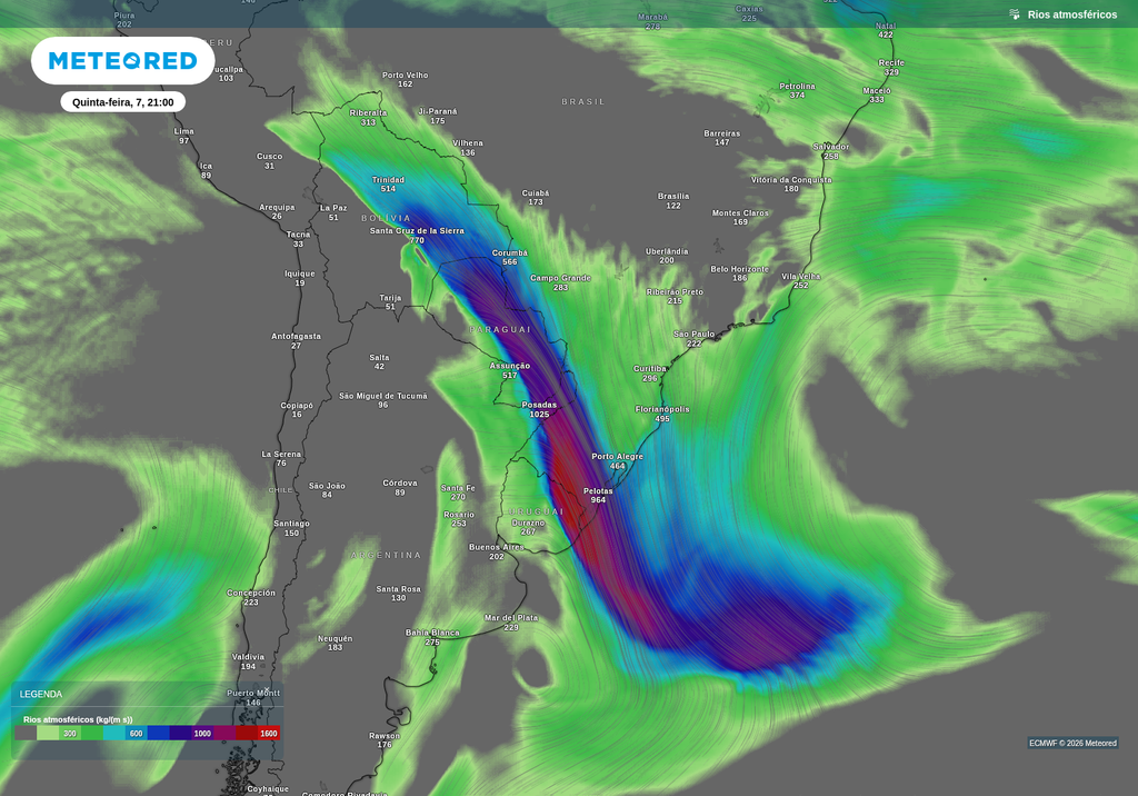 Previsão de rio atmosférico para quinta-feira (7), segundo o ECMWF.
