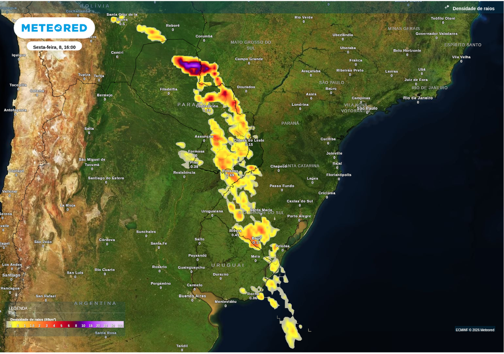 Previsão de tempestades para sexta-feira (8), segundo o ECWMF.