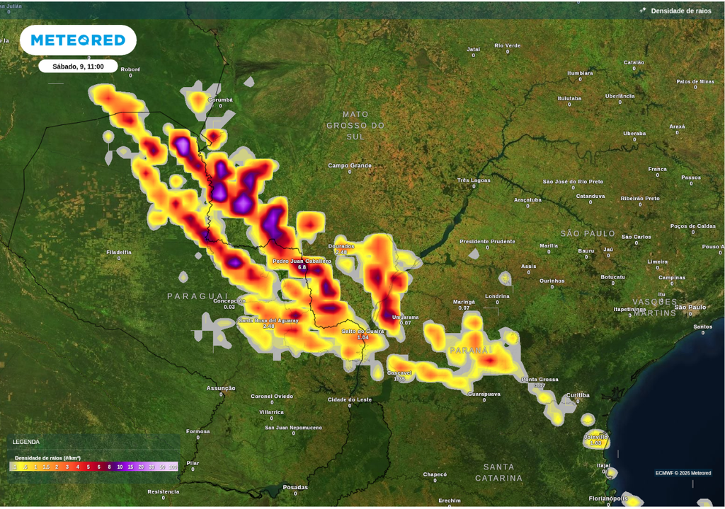 Previsão de tempestades para sábado (9), segundo o ECMWF.