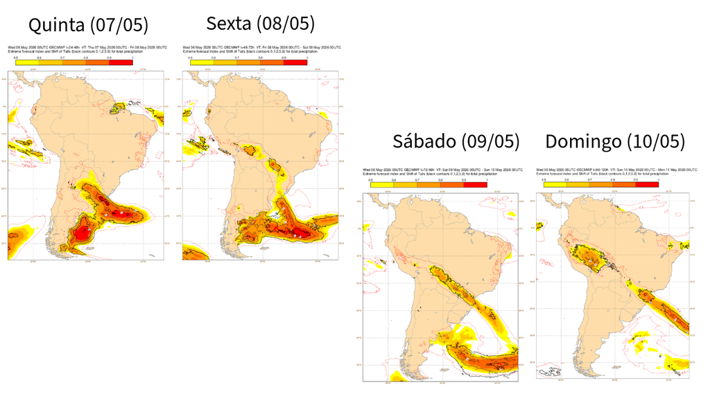 EFI do modelo ECMWF para precipitação entre quinta (7) e domingo (10). Créditos: Elaborado por Meteored/Fonte: ECMWF.