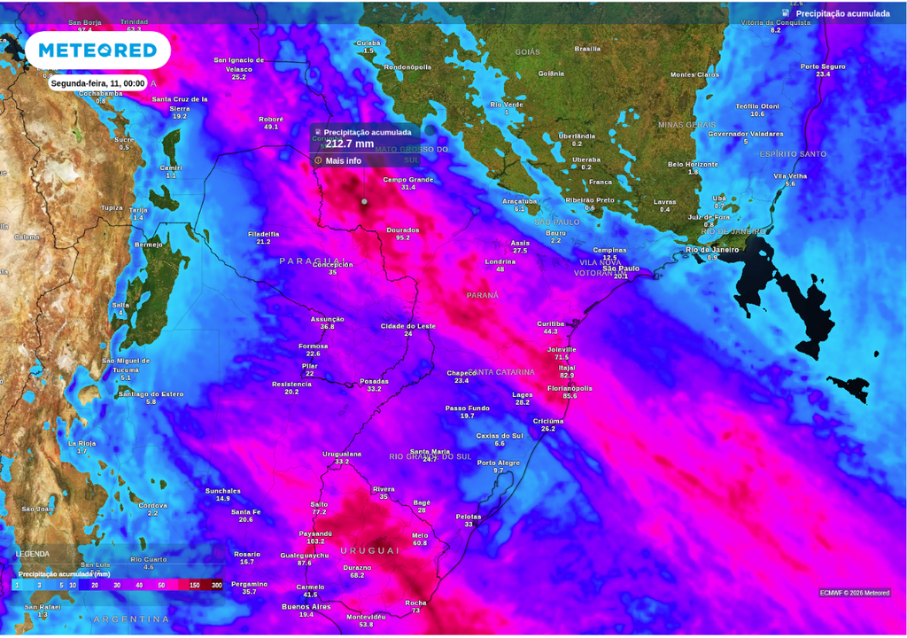 Previsão de chuva acumulada até domingo (10), segundo o ECMWF.