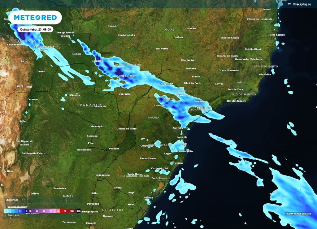 temporais Previsão de chuva para a manhã da quinta-feira, 23 de julho.