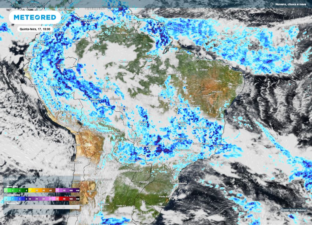 Mapa de precipitação prevista para a tarde de quinta-feira (17). Mapa de precipitação prevista para a tarde de quinta-feira (17).