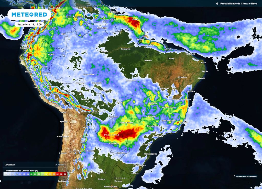 Mapa de probabilidade de precipitação para a tarde de sexta-feira (18), segundo o modelo ECMWF. Mapa de probabilidade de precipitação para a tarde de sexta-feira (18), segundo o modelo ECMWF.