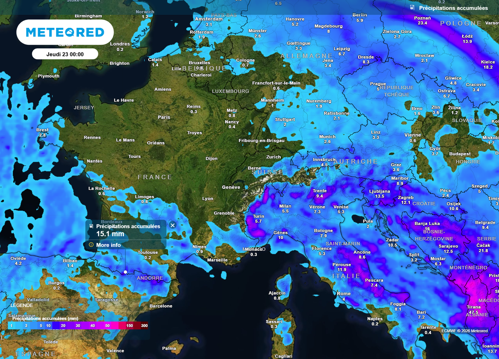La carte des cumuls de pluie d'ici mercredi soir fait peine à voir, alors que l'on commence à manquer d'eau : à peine une quinzaine de litres d'eau au mètre carré pour les zones les plus arrosées.