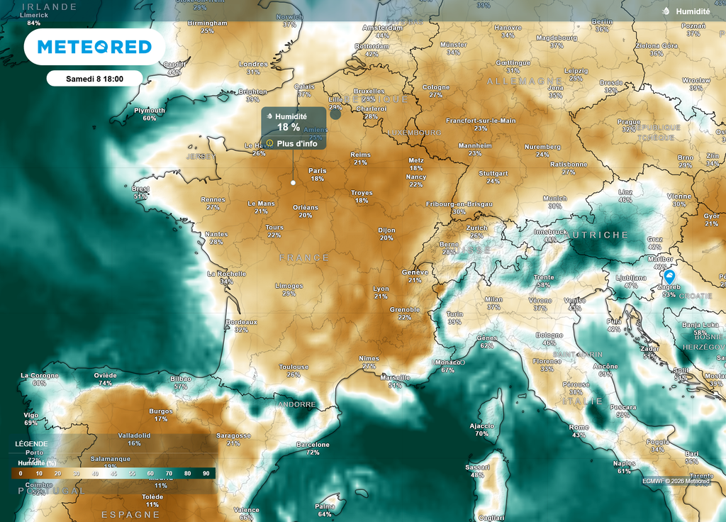 Dans l'après-midi, alors qu'un nouveau coup de chaud s'installera en France, les taux d'humidité chuteront parfois sous les 20% sur la moitié Nord, rendant la végétation très vulnérable au feu !