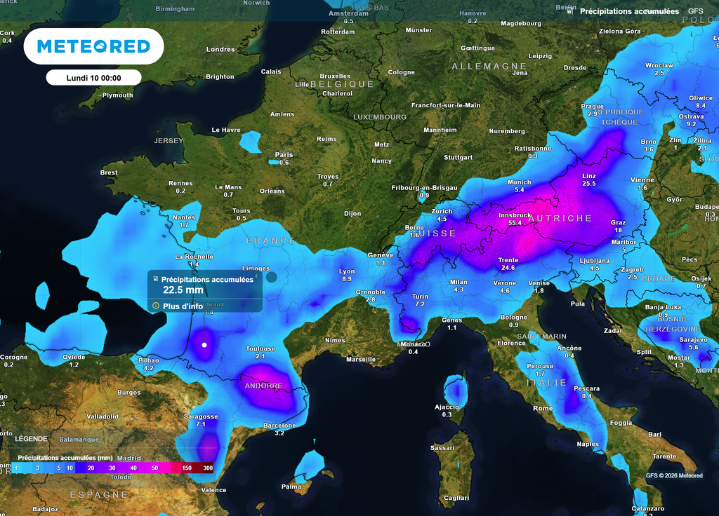 Cumuls précipitations lundi minuit GFS Voici les cumuls de pluie liés à ces orages d'ici lundi minuit selon le modèle américain GFS : le Sud-Ouest et les Pyrénées risquent d'être les plus arrosés.