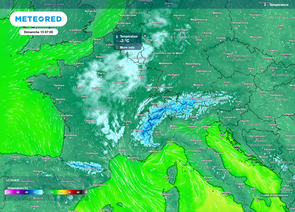 Dimanche matin, le gel s'étendra à de nombreuses régions au lever du jour (en bleu ciel sur la carte), avec des pointes à -3°C vers les Ardennes.