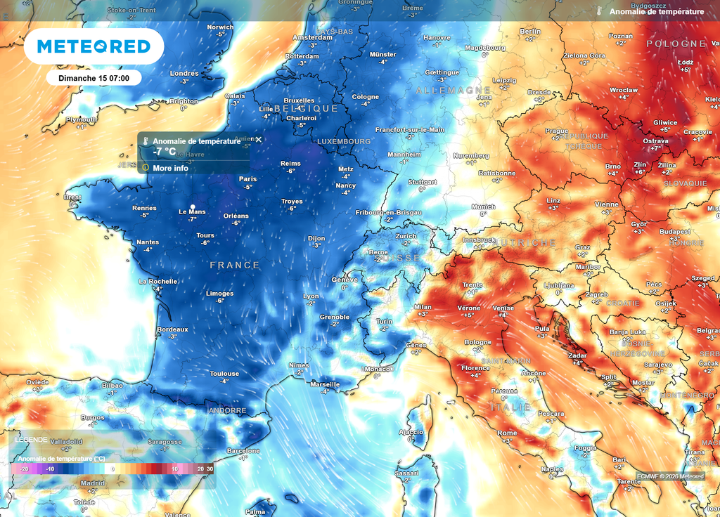 Dimanche matin, au pic de cet épisode de froid, les températures se retrouveront souvent 4 à 7°C sous les normales de saison.