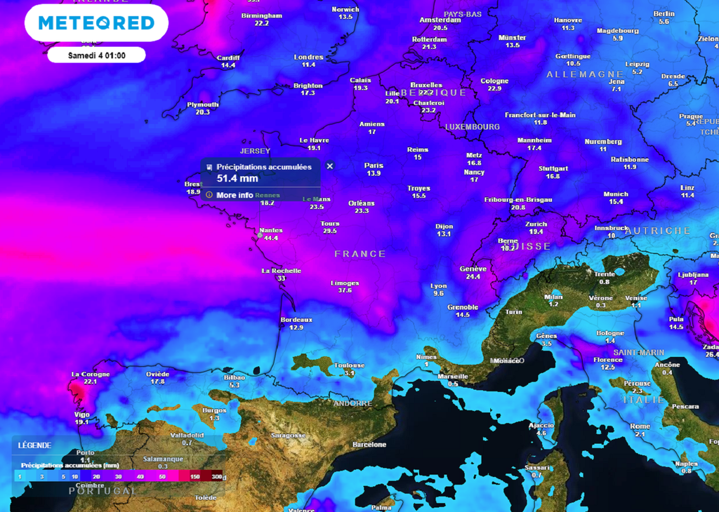 Outre le vent, la pluie sera également de la partie avec des cumuls parfois importants en direction du centre-ouest.