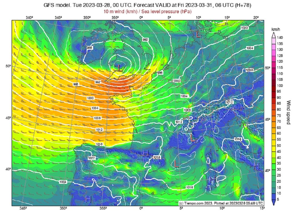 La dépression circulant sur les îles britanniques va générer des vents violents entre la Bretagne et les Hauts-de-France (modèle GFS). La dépression circulant sur les îles britanniques va générer des vents violents entre la Bretagne et les Hauts-de-France (modèle GFS).