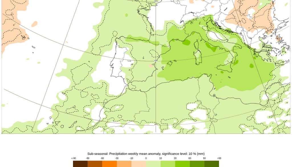 Le tendenze per la settimana in questione, infatti, prevedono una piovosità superiore alla media. Saranno probabili, quindi, delle infiltrazioni di aria umida e relativamente fresca atlantica, in grado di produrre un nuovo calo della pressione sull'area mediterranea, probabilmente fornendo nuova energia alla depressione relativa ancora presente sui mari italici. ECMWF