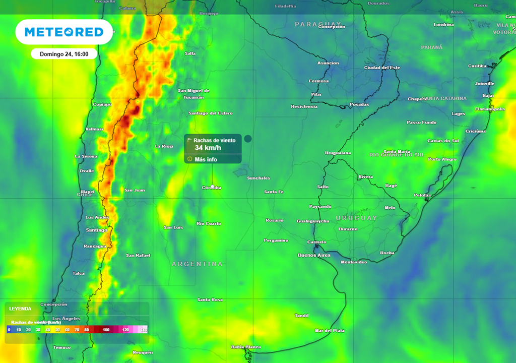rafagas de viento el domingo 24 de mayo Ráfagas de viento estimadas durante el encuentro entre River y Belgrano por la final del Torneo Apertura 2026 en Córdoba. Créditos: Modelo ECMWF.