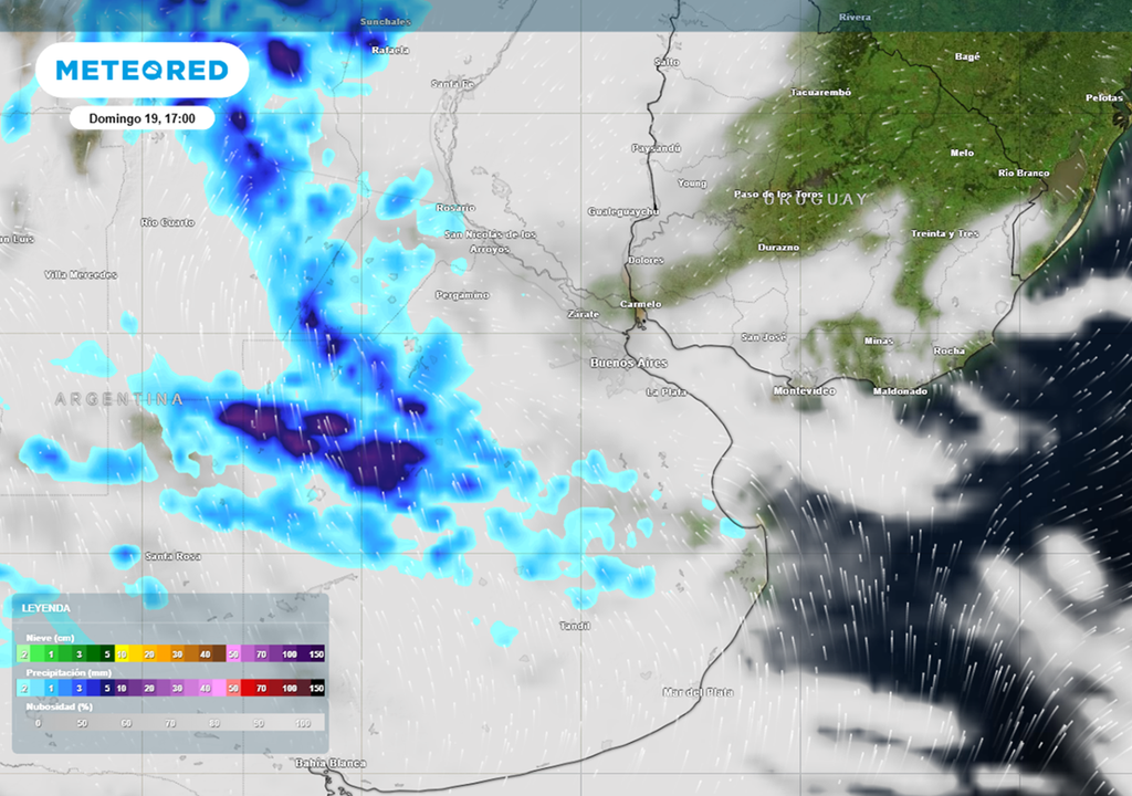 Nubosidad y precipitaciones simuladas según el modelo ECMWF para el domingo 19 a las 17 HOA.