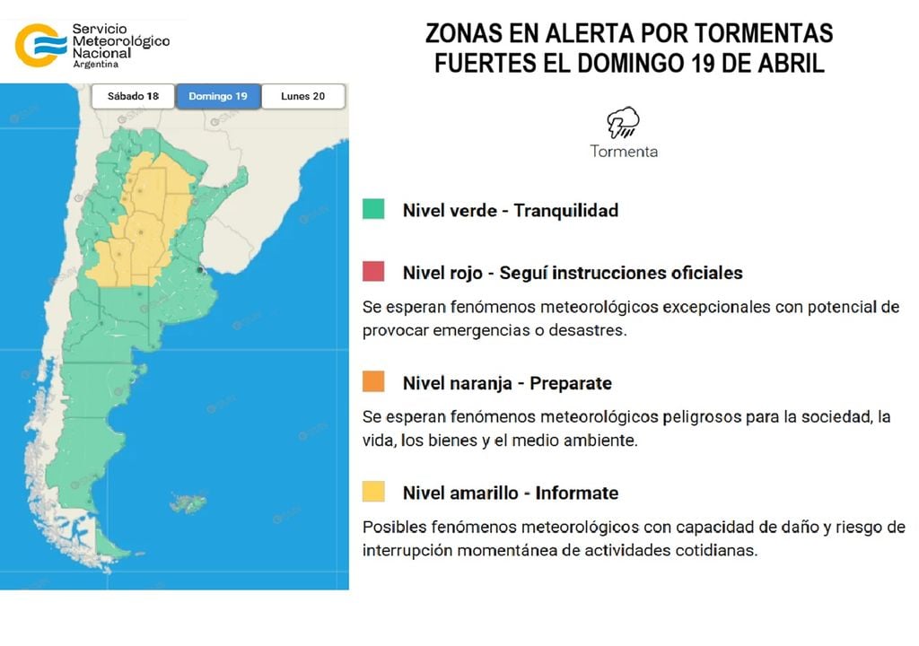 Zonas en alerta por tormentas fuertes durante el próximo domingo 19 de abril. Fuente: Servicio Meteorológico Nacional.