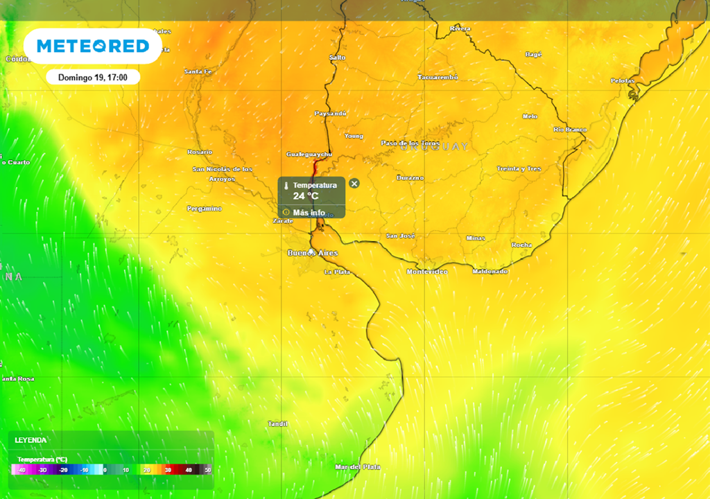 Temperatura estimada por el modelo ECMWF para el domingo 19 a las 17 HOA.