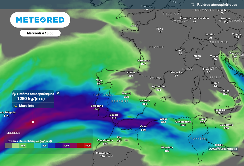 Une rivière atmosphérique va toucher le Portugal et l'Espagne au cours des prochaines heures. Une rivière atmosphérique va toucher le Portugal et l'Espagne au cours des prochaines heures.
