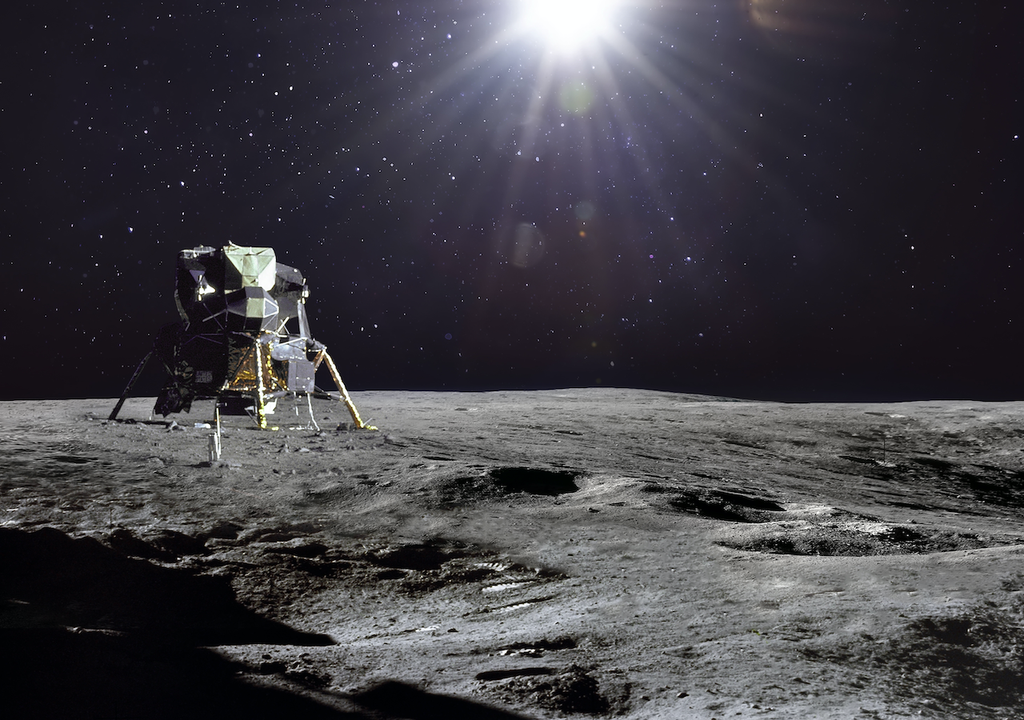 Superficie lunar con visualización del módulo Apollo.