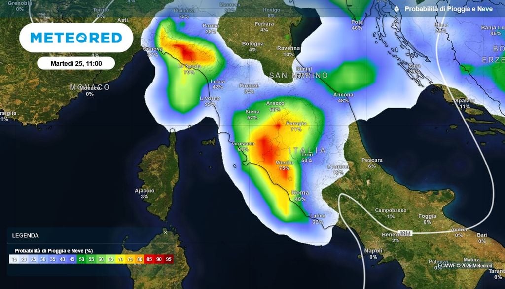 Probabilità di precipitazioni sull'Italia nella mattinata di martedì 25.