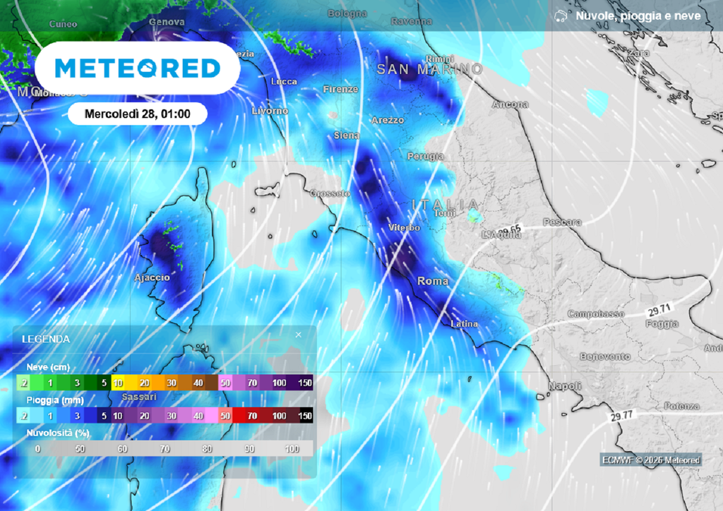 pioggia italia Le piogge previste questa notte sul settore tirrenico dell'Italia centro-settentrionale, compresa Roma.