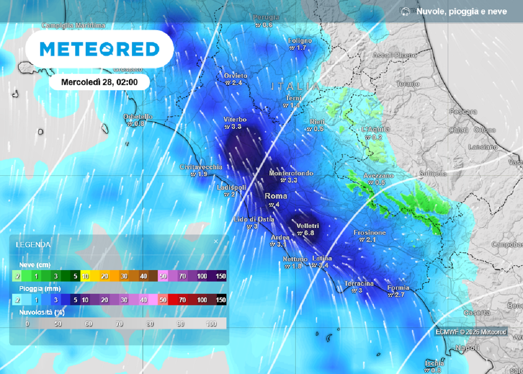 Notte di forte maltempo sul Lazio e a Roma quella tra martedì 27 e mercoledì 28 gennaio.